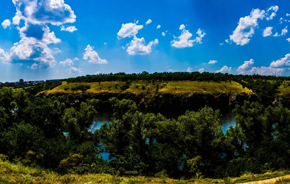 Leaves, trees, river, rocks, island, Dnepr, Zaporizhia, Khortytsya