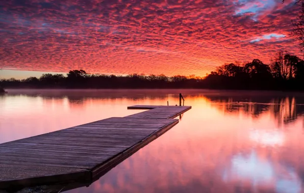 Clouds, trees, lake, pier, glow, the bridge