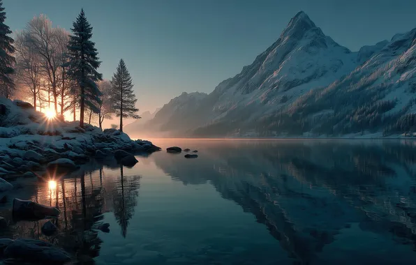 Water, trees, landscape, sunset, mountains, lake, reflection, trees