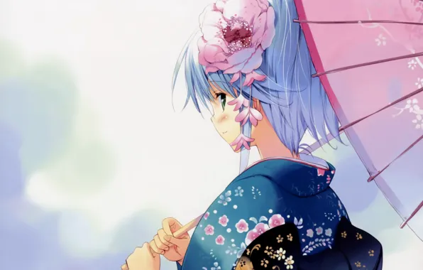 Flower, look, girl, umbrella, anime, yukata