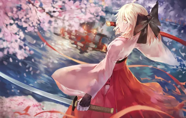 Picture water, girl, pond, tape, the wind, spring, sword, katana