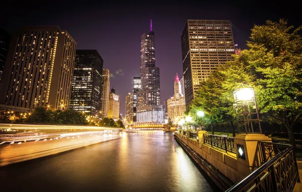 Night, lights, river, building, skyscrapers, Chicago, Chicago