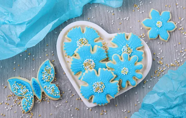Picture flowers, butterfly, heart, cookies, plate, sugar, heart, blue