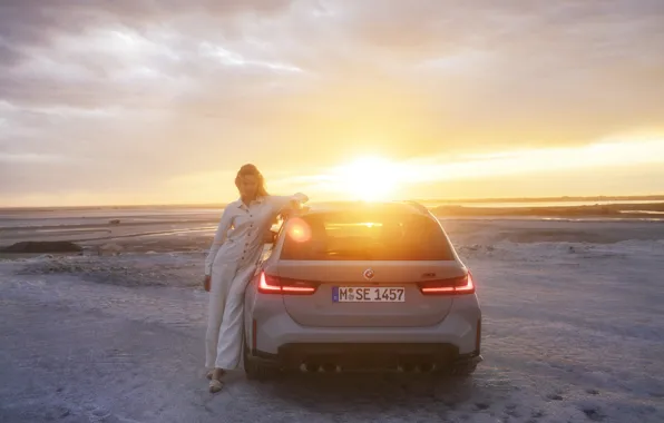 Car, BMW, girl, sunset, M3, taillights, BMW M3 Competition Touring M xDrive, G81