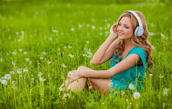 Picture grass, girl, flowers, smile, dandelion, headphones, blonde