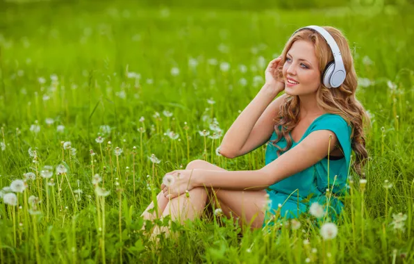 Grass, girl, flowers, smile, headphones, blonde, dandelions