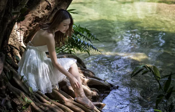 Picture summer, girl, river, dress, legs