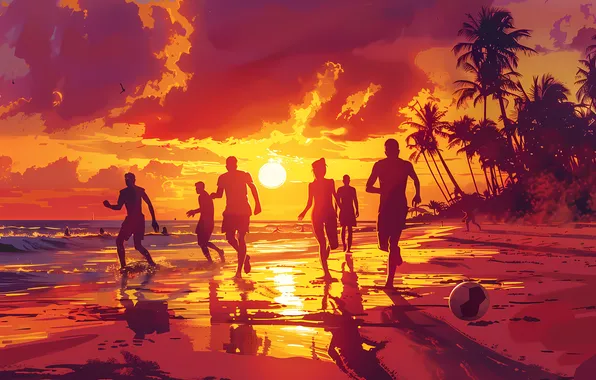 The sun, Sand, Clouds, Sea, Beach, Girls, The ball, Retro