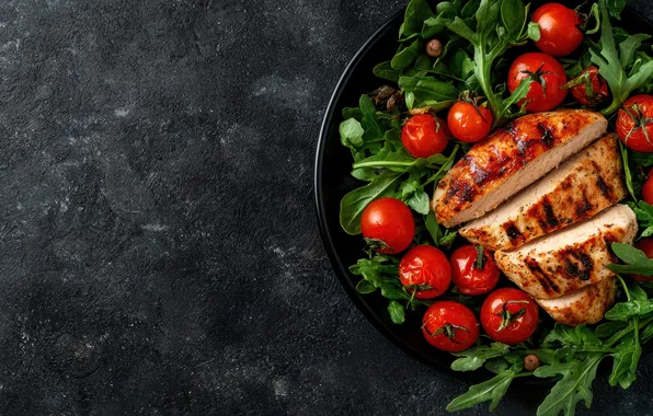 Greens, the dark background, meat, tomatoes, pan, arugula, grilled meat, rocket