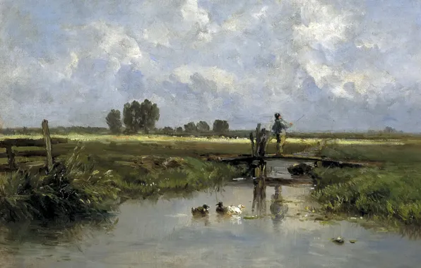 Picture river, stream, picture, fisherman, the bridge, Carlos de Haes, Friesland Landscape