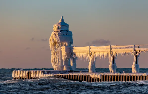 Winter, sea, wave, the sky, light, snow, bridge, lighthouse