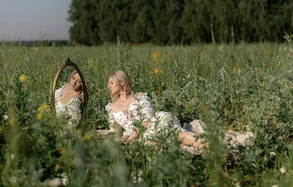 BLONDE, FOREST, NATURE, GRASS, FIELD, GREENS, REFLECTION, MIRROR