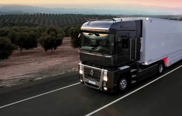 Road, sunset, black, truck, Renault, Magnum, tractor, 4x2