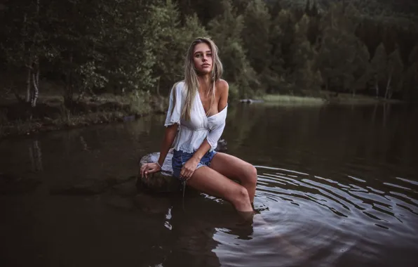 Picture forest, trees, river, shore, shorts, wet, slim, hairstyle
