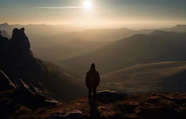 The sky, the sun, mountains, fog, stones, rendering, rocks, dawn