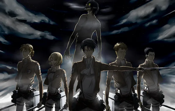 Night, soldiers, swords, military uniform, Titan, shingeki no kyojin, The invasion of the giants, Levi …
