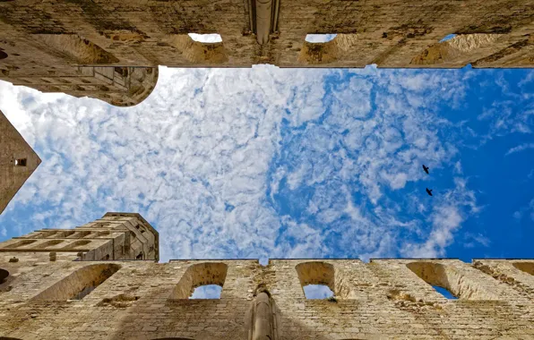The sky, clouds, bird, France, architecture, Jumièges Abbey
