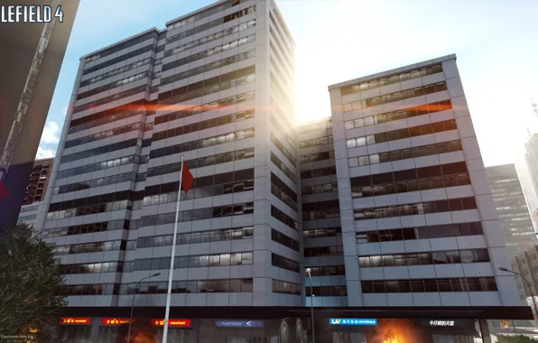Fire, the building, flag, DICE, Battlefield 4, Siege Of Shanghai