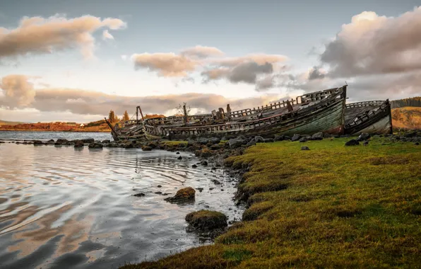 The sky, grass, clouds, shore, two, view, old, ships