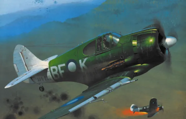 Picture war, art, airplane, painting, aviation, ww2, CAC Boomerang