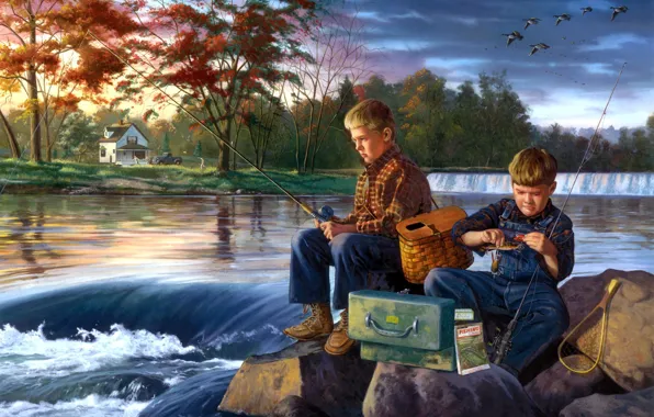 Picture river, stones, fishing, painting, friends, boys, early autumn, Charles Friday