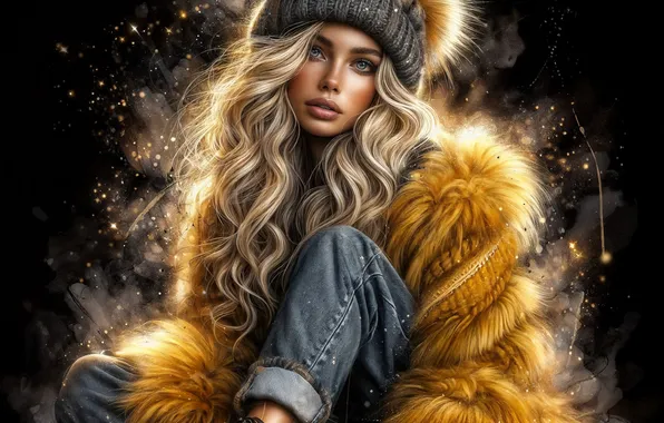 Look, girl, light, hat, jeans, blonde, fur, black background