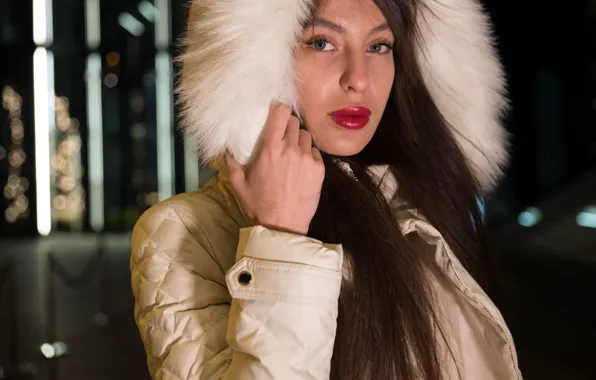 Picture model, Maria, fur, hair, lipstick, face, background, coat