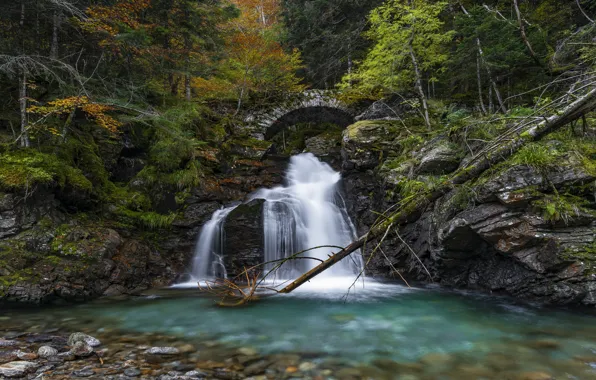 Autumn, forest, bridge, rocks, shore, foliage, waterfall, arch
