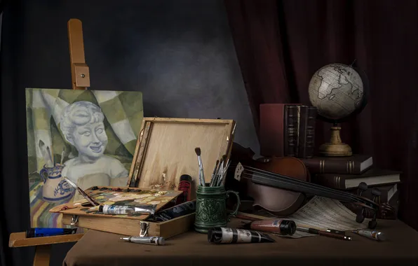 Table, paint, picture, still life, painting, globe, brush, easel