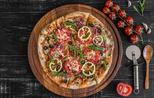 Mushrooms, cheese, pizza, tomatoes