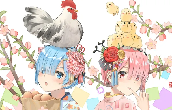 Eggs, Easter, blue hair, sisters, cock, flower in hair, zaplaty, bangs