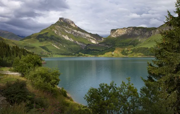 Mountains, lake, France, Alps, France, Alps, Savoie, lake Roselend