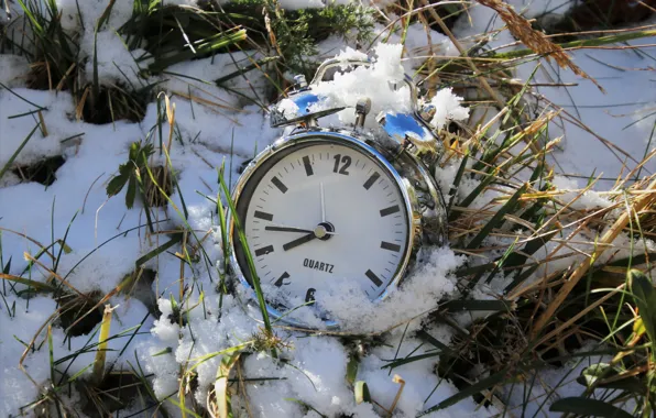 Picture grass, snow, watch, alarm clock, spring is coming