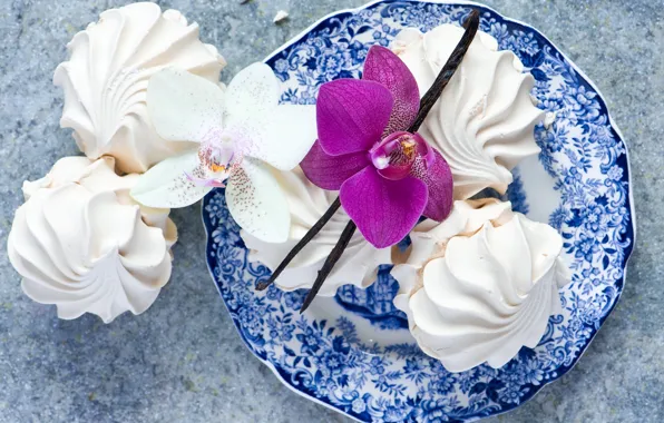 Picture white, flower, pink, food, plate, sweets, dessert, Orchid