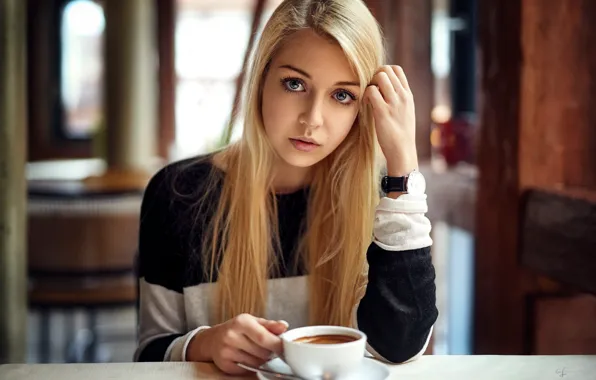 Picture look, pose, model, coffee, portrait, makeup, hairstyle, blonde