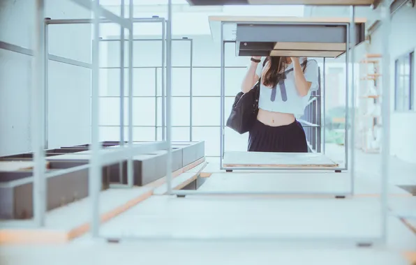 Asian, Model, Woman, Desk, Uniform, Indoor, Bag, Classroom