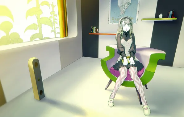 Girl, room, chair, art, sitting, Nagimiso