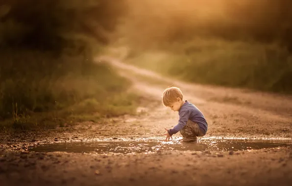 Road, boy, puddle