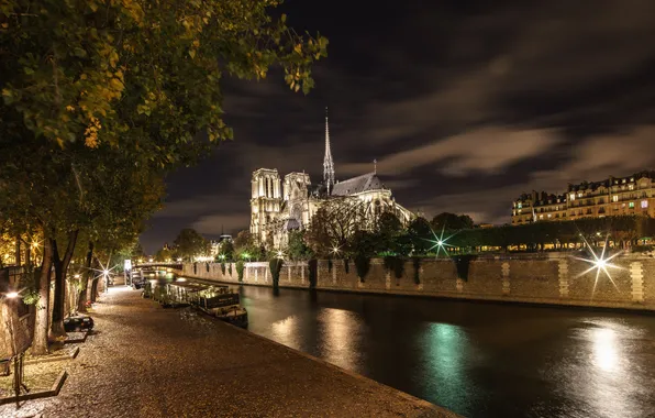 Night, lights, river, France, Paris, hay, Notre Dame Cathedral, the Ile de La Cité