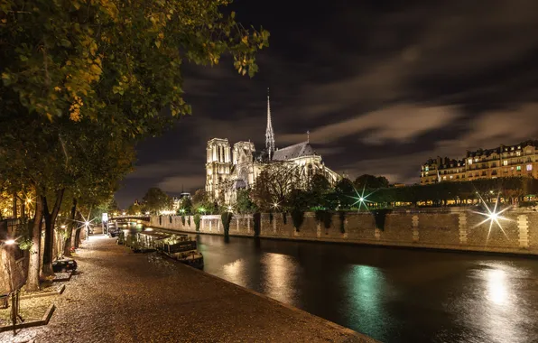 Night, lights, river, France, Paris, Hay, Notre Dame Cathedral, the Ile de La Cité