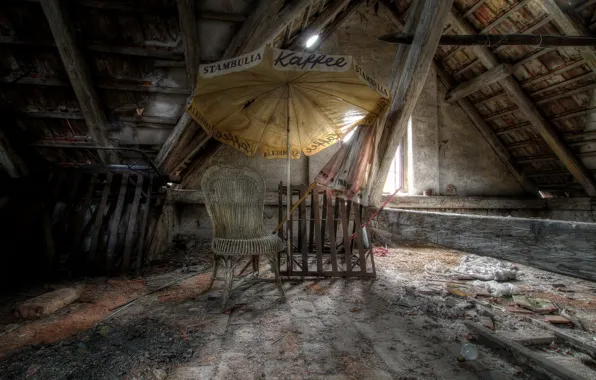 Chair, umbrella, attic