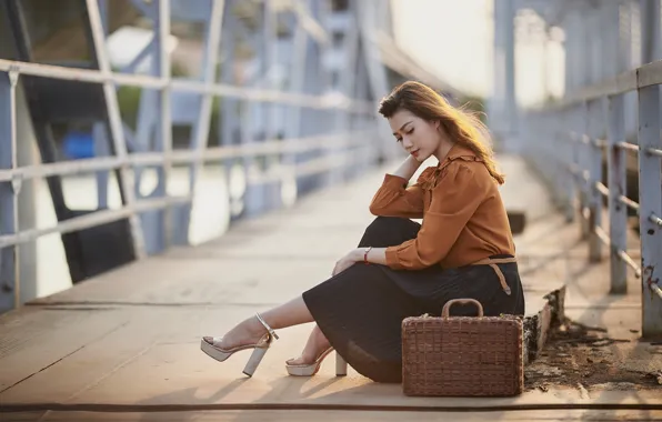 Girl, light, bridge, pose, retro, skirt, shoes, outfit
