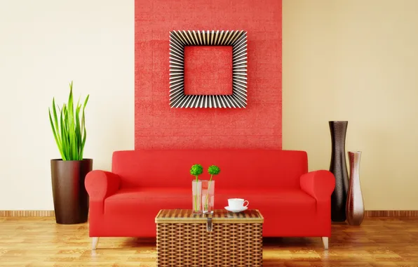 Design, sofa, interior, living room, vases, modern