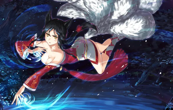 Water, girl, art, ears, League of Legends, tails, LoL, Ahri