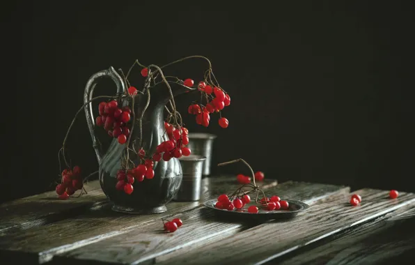 Light, branches, metal, berries, the dark background, table, Board, fruit