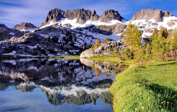 Picture lake, trees, snow, the sky, mountains