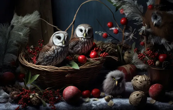 Winter, snow, birds, owl, toys, Christmas, New year, still life
