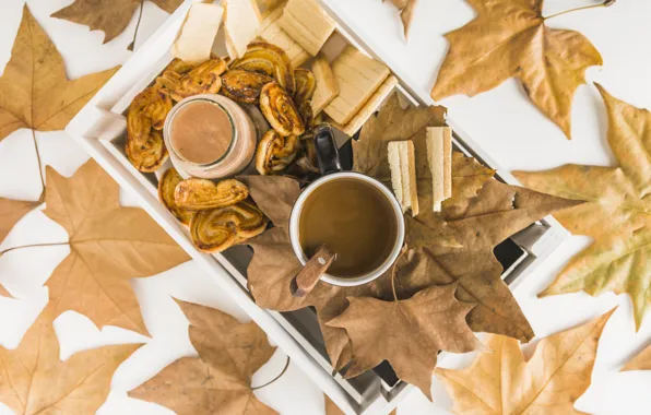 Picture autumn, leaves, background, tree, coffee, colorful, cookies, Cup