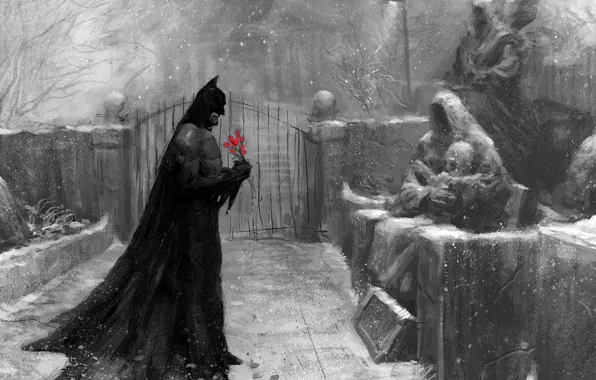 Picture snow, flowers, figure, Batman, cemetery, cloak