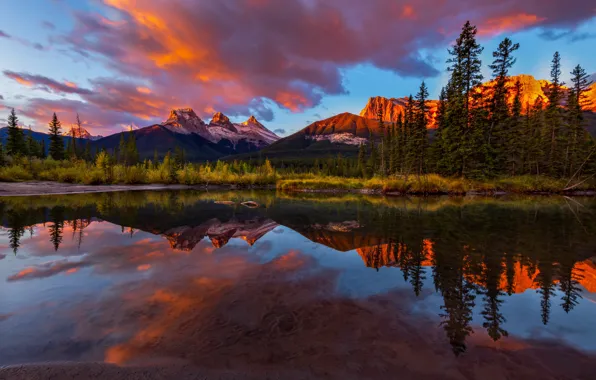 Trees, mountains, reflection, river, dawn, morning, Canada, Albert